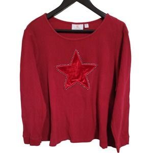 Quacker Factory Womens Size 1X Waffle Knit Shirt Top Velvet Star Rhinestone Trim